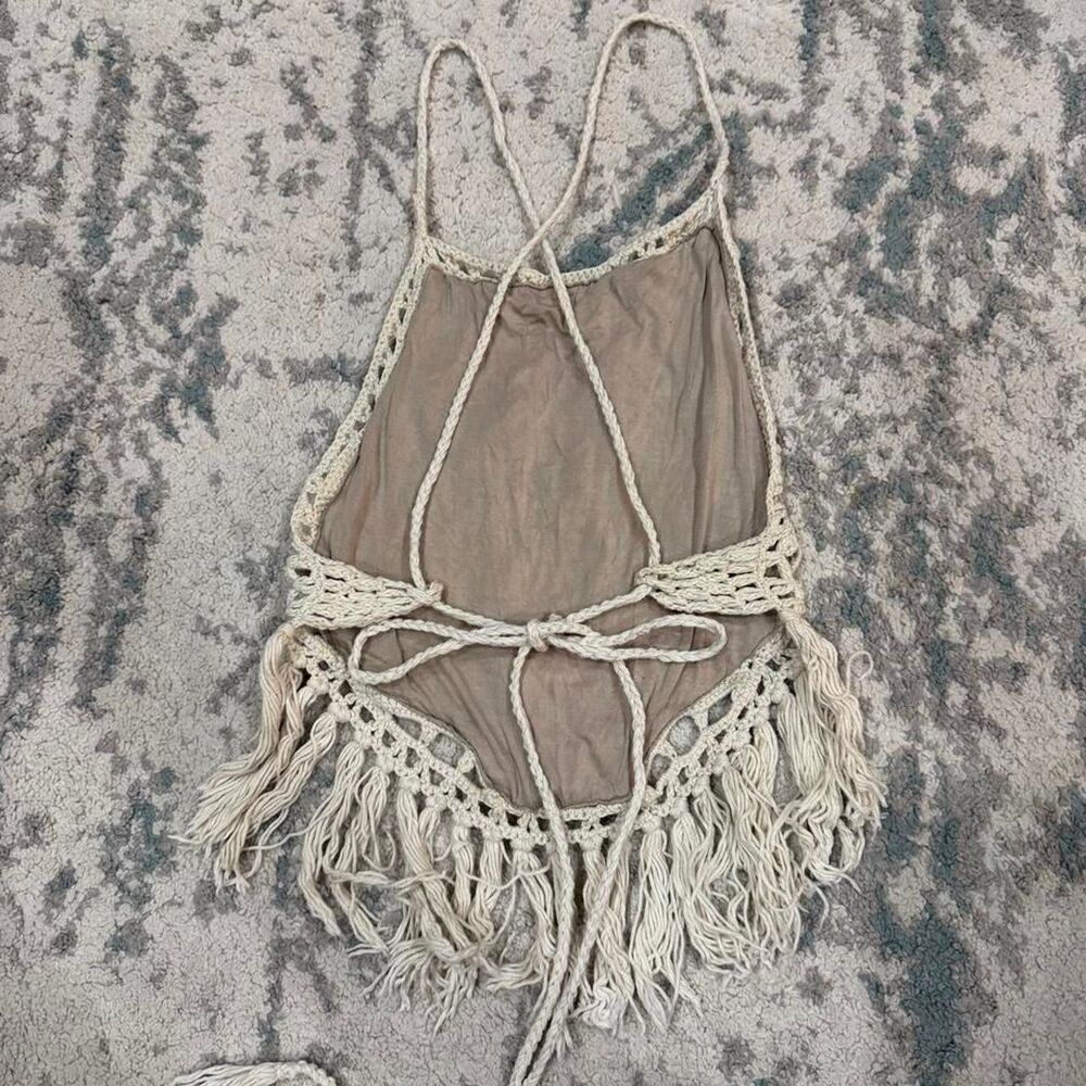 Boho Crochet Fringe Halter Top Adjustable Cross Back - Picture 2 of 3
